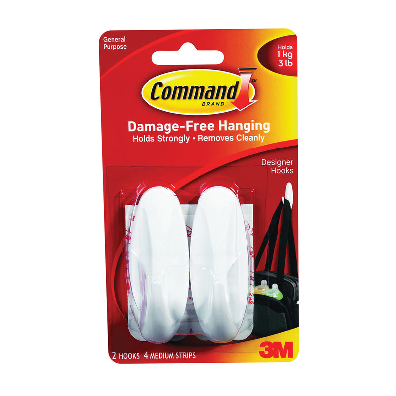 Command Designer Hook 5/8 in Opening 3 lb 2-Hook Plastic White