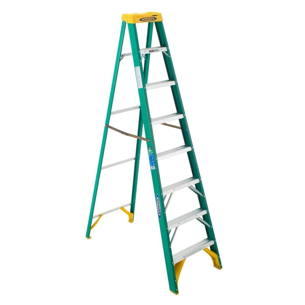 WERNER Step Ladder 12 ft Max Reach H 7 Step 225 lb Type II Duty Rating 3 in D Step Fiberglass Yellow