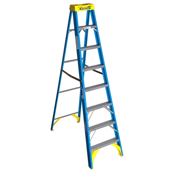 WERNER Step Ladder 12 ft Max Reach H 7 Step 250 lb Type I Duty Rating 3 in D Step Fiberglass Blue