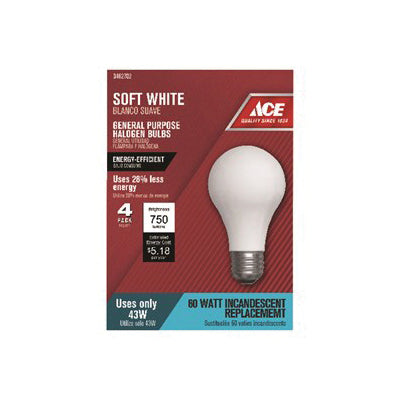 ACE Halogen Bulb 43 W Medium E26 Lamp Base A19 Lamp Soft White Light 750 Lumens 2900 K Color Temp