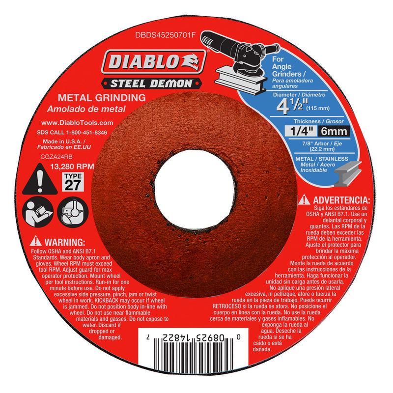 Diablo Steel Demon Grinding Disc 4-1/2 in Dia 7/8 in Arbor Ceramic Abrasive