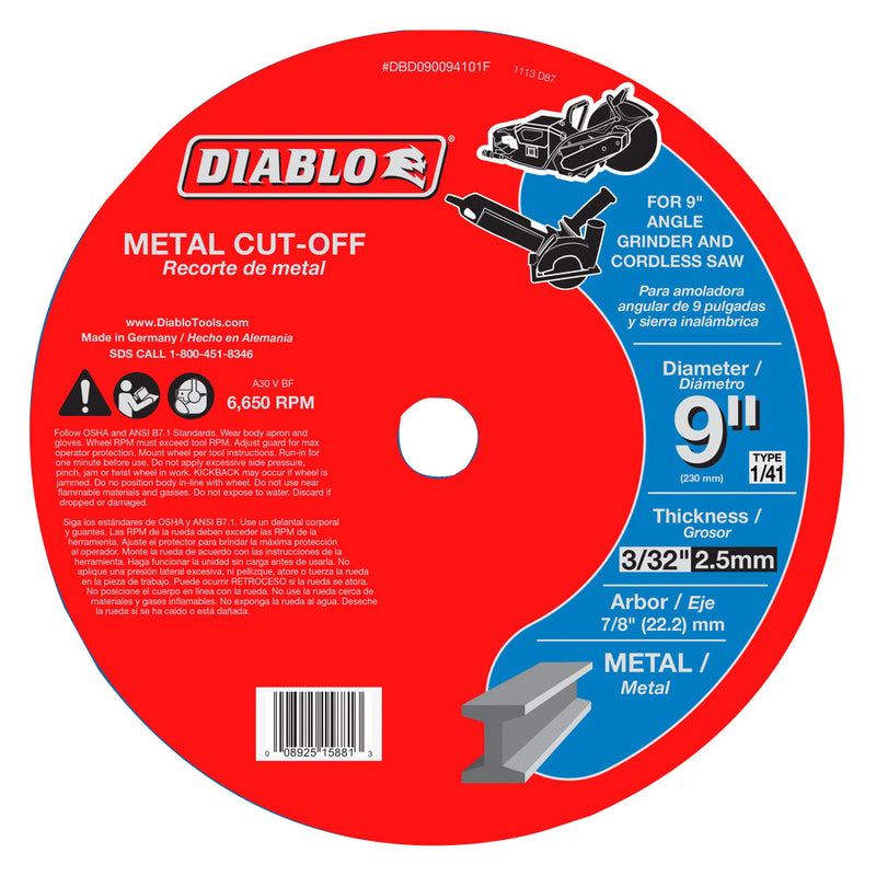 Diablo Cut-Off Disc 9 in Dia 3/32 in Thick 7/8 in Arbor Aluminum Oxide Abrasive