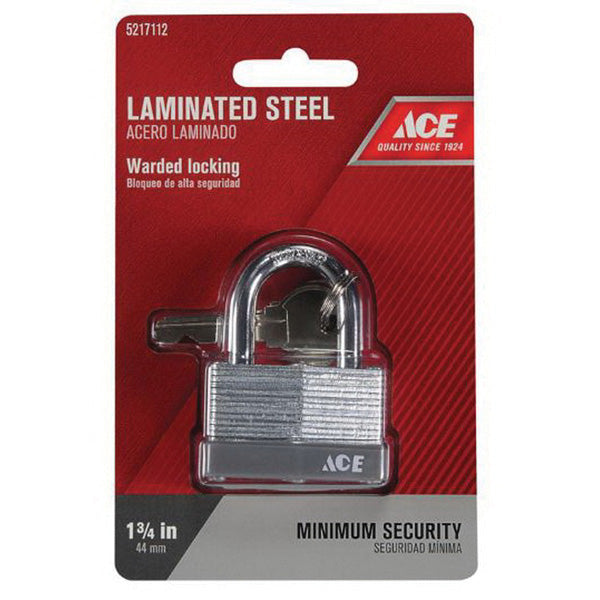 ACE D382 44011 Padlock Keyed Key 3/8 in Dia Shackle 1 in H Shackle Steel Shackle Laminated Steel Body Chrome