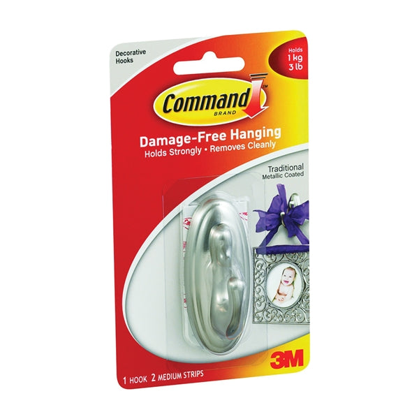 Command Decorative Hook 3 lb 1-Hook Plastic Silver Brushed Nickel