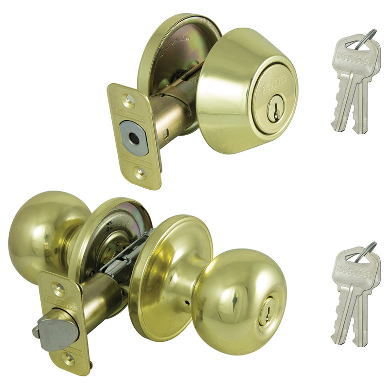 Prosource Deadbolt and Entry Lockset 3 Grade Ball Handle Keyed Alike Key Brass Polished Brass