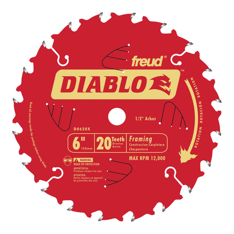 Diablo Circular Saw Blade 6 in Dia 1/2 in Arbor 20-Teeth Carbide Cutting Edge Applicable Materials: Wood